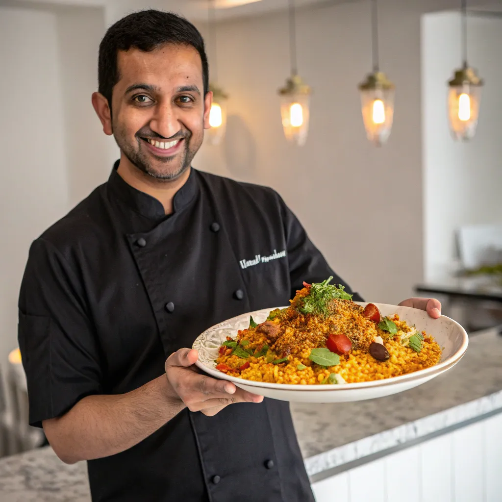 Liam presenting a beautifully plated Indian dish
