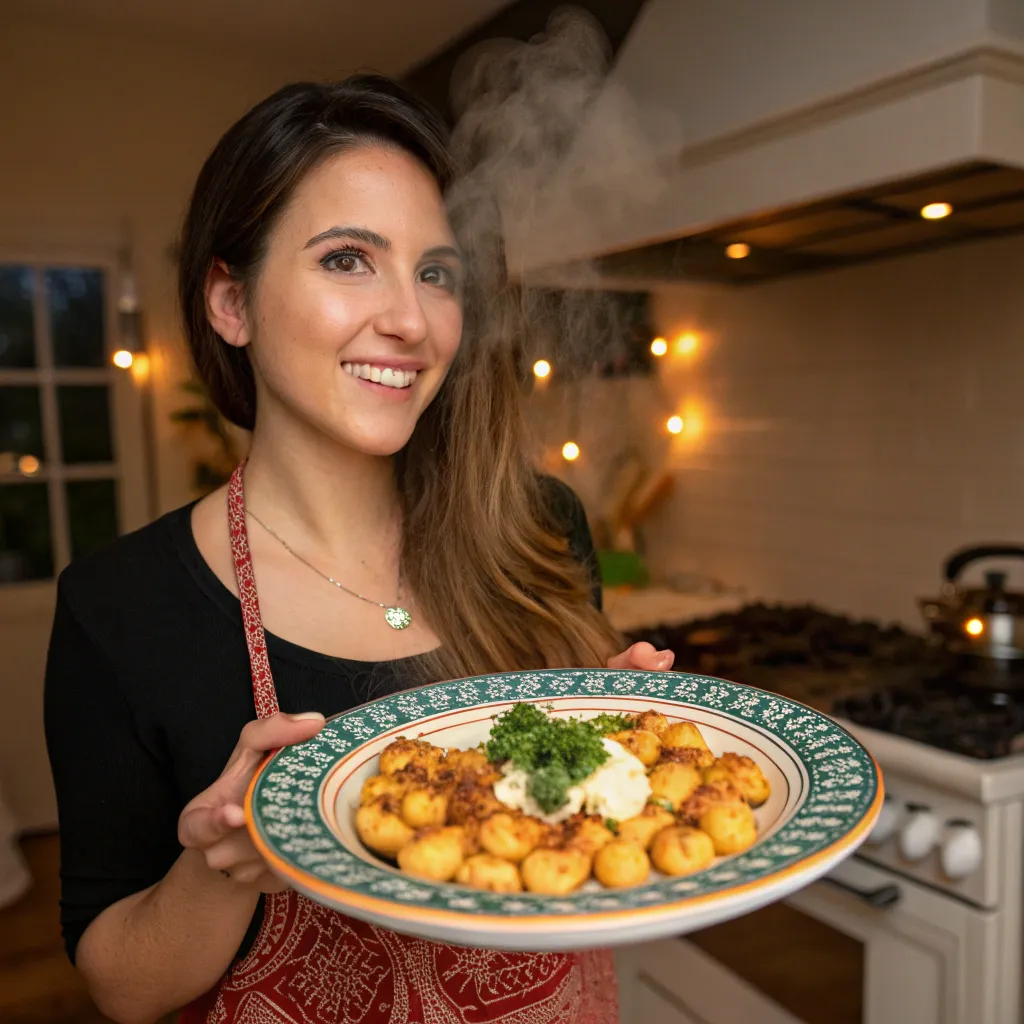Sophia holding a plate of homemade gnocchi